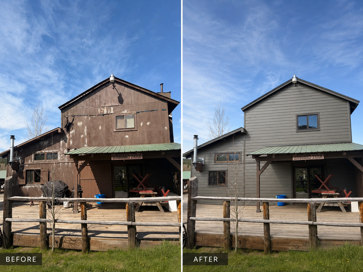 Before and after view of the same cabin facade showing exterior siding replacement by HLS Project Management LLC in Paonia, Colorado